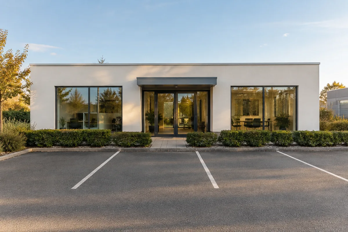 Petit bâtiment de bureaux de plain-pied avec places de stationnement devant la porte