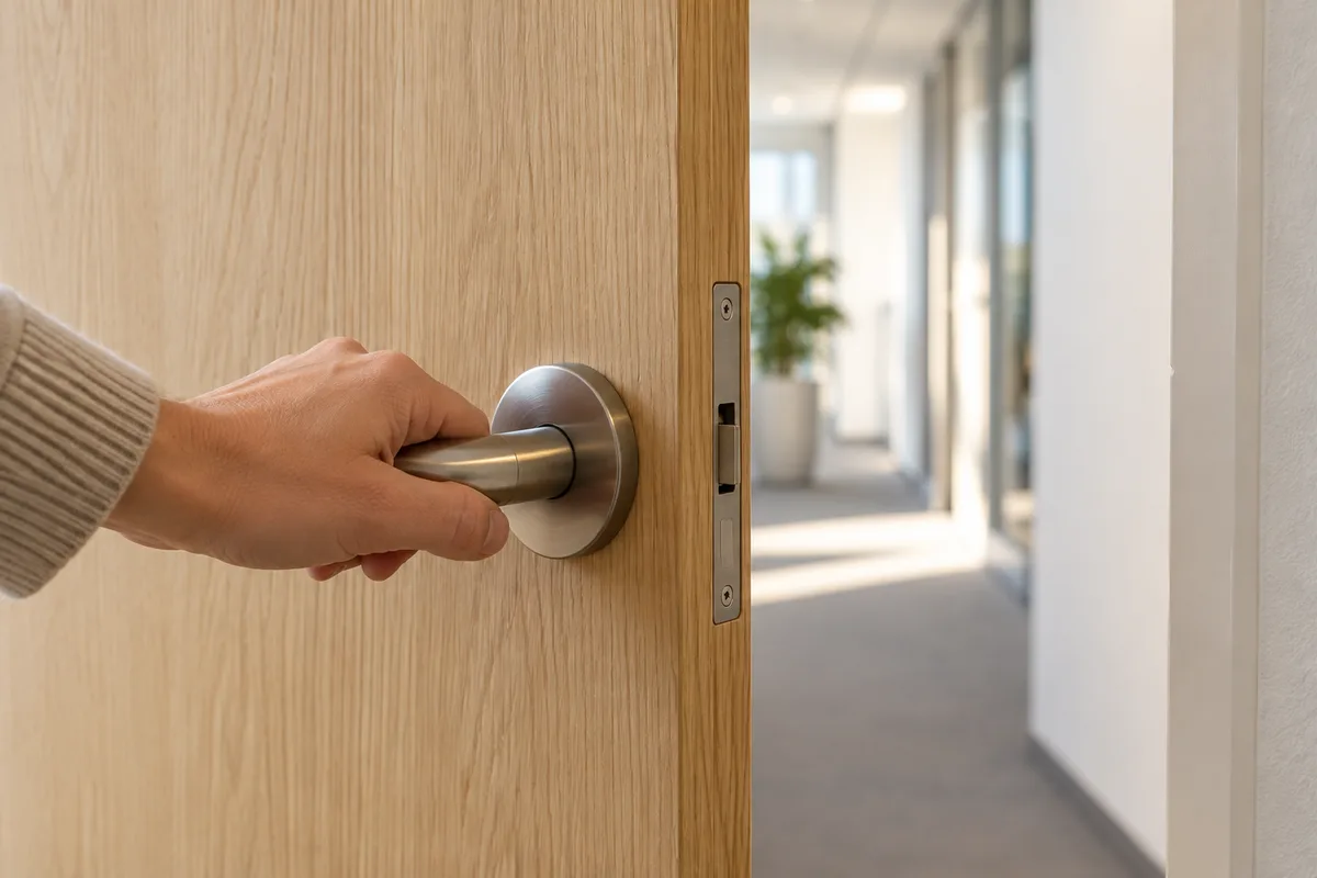 Main posée sur la poignée de la porte entrouverte du bureau à visiter