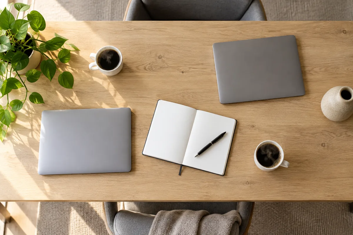 Plateau de bureau partagé avec deux tasses de café, un carnet et deux ordinateurs fermés
