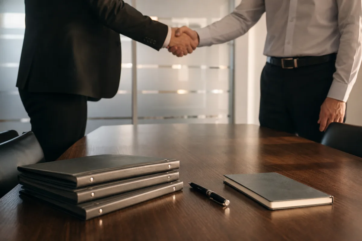 Table de réunion avec dossiers et stylo, négociation entre professionnels en France