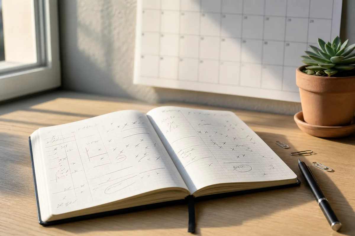 Calendrier mural et agenda ouvert sur un bureau, lumière naturelle