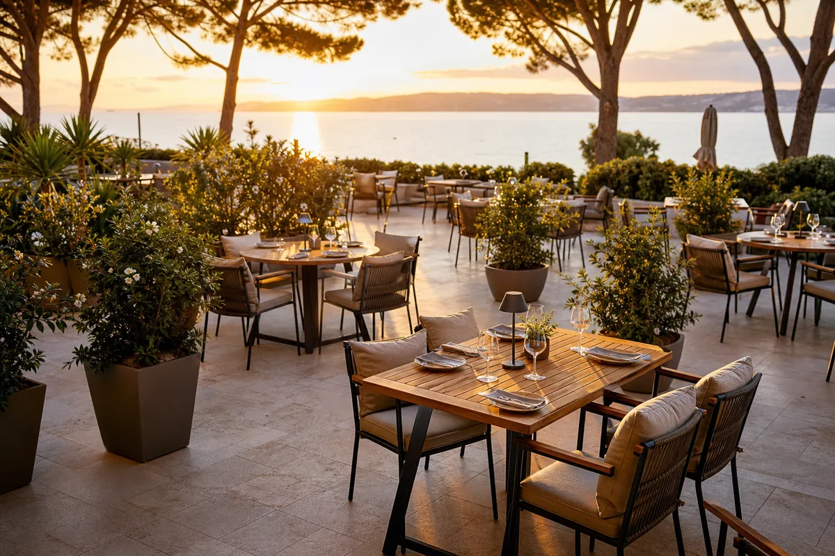 Terrasse de restaurant au coucher du soleil, mobilier extérieur en teck et métal noir, coussins beiges, plantes en pot