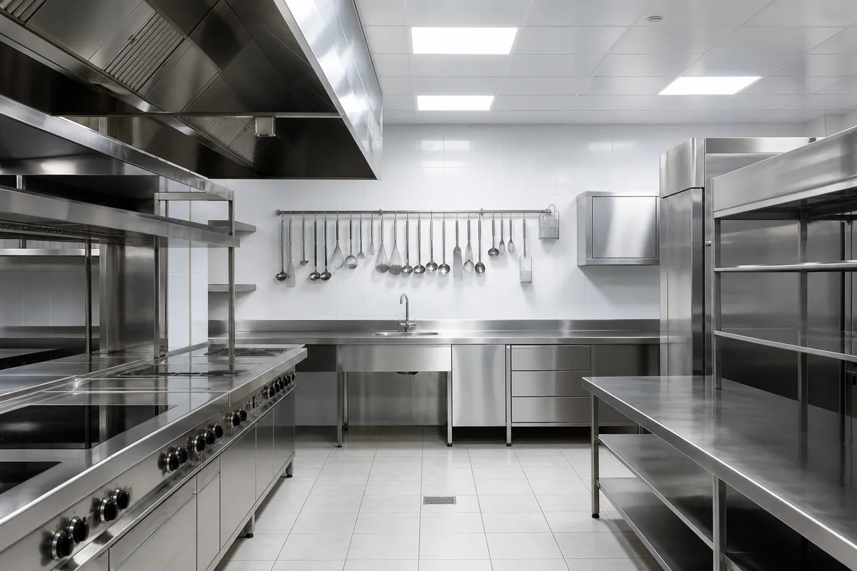 Cuisine professionnelle rangée, plans de travail en inox impeccables et ustensiles suspendus, éclairage blanc technique