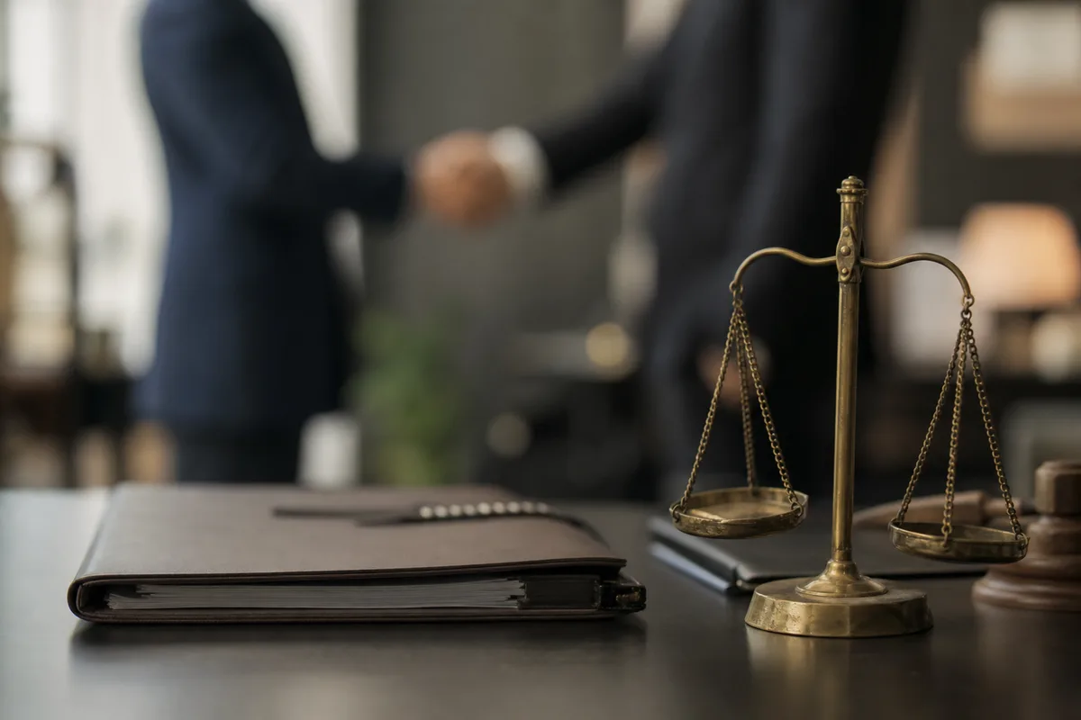 Une balance de la justice discrète posée près d&rsquo;un dossier juridique et d&rsquo;une poignée de main