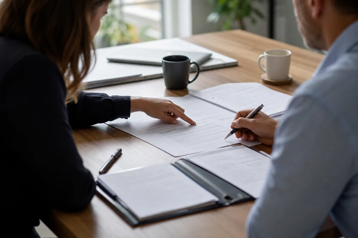 Deux associés relisant les clauses d&rsquo;un contrat autour d&rsquo;une table de travail, documents et stylo au premier plan