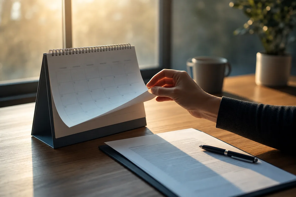 Un calendrier et un document contractuel signalant l&rsquo;échéance d&rsquo;un engagement dans le temps