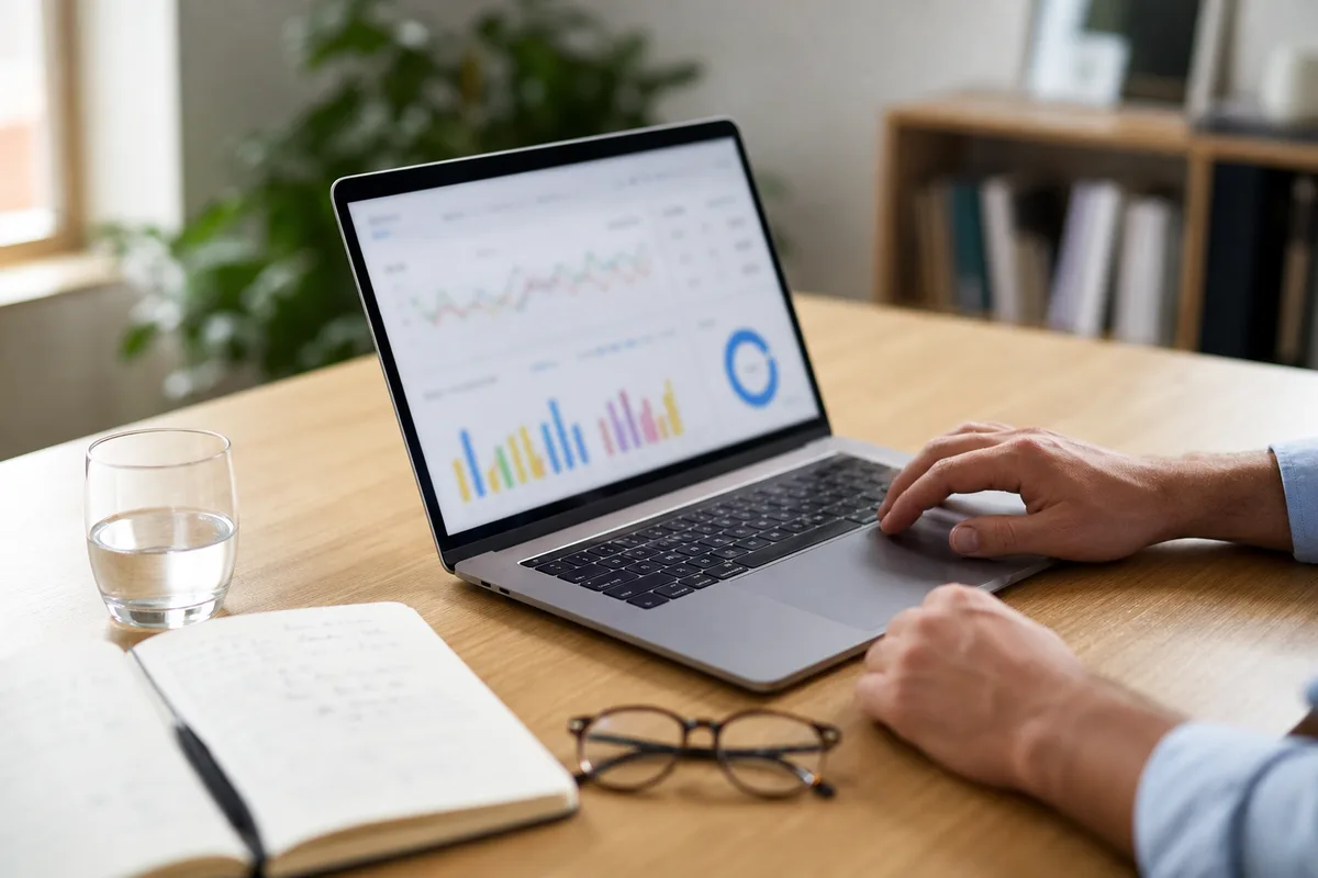Dirigeant consultant un tableau de bord de trafic web dans un bureau français