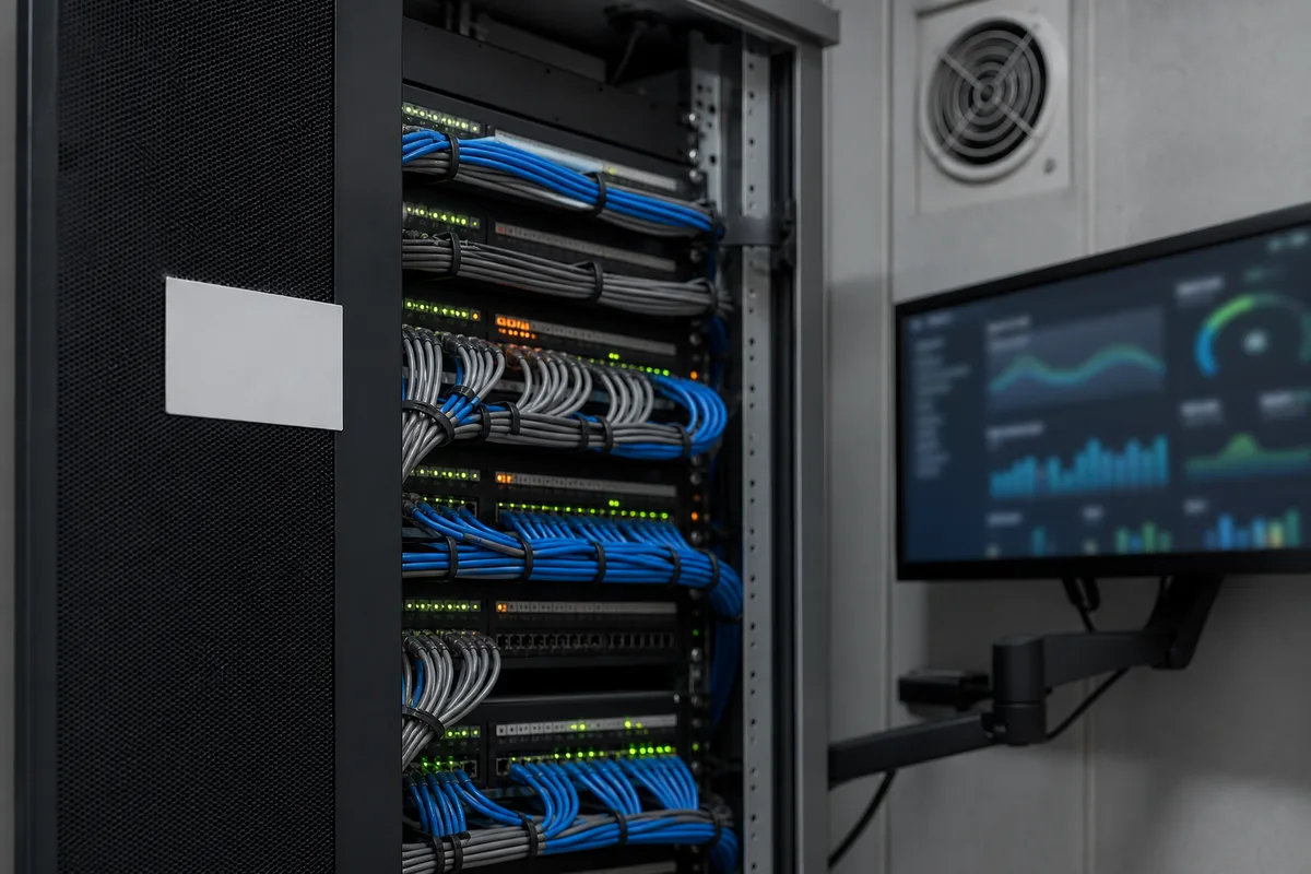 Serveur informatique et écran de supervision technique dans un local professionnel