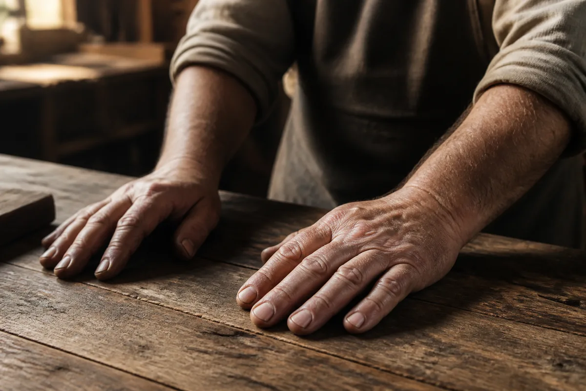 Mains d&rsquo;un artisan posées au calme sur un plan de travail en bois