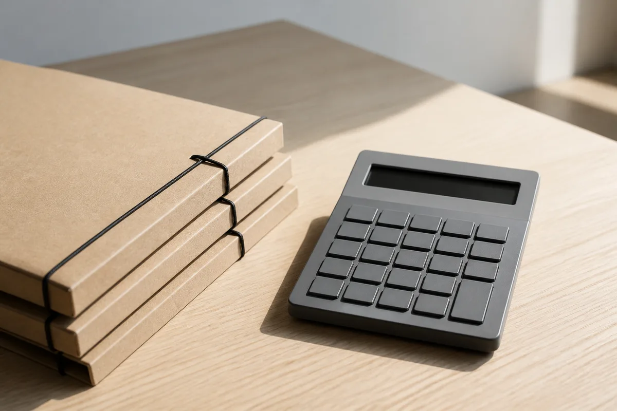 Trois chemises cartonnées fermées empilées près d’une calculatrice de bureau grise