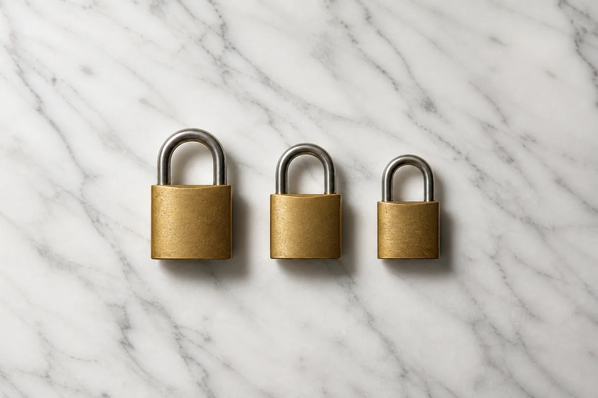 Trois cadenas en laiton fermés alignés sur un plan de marbre blanc veiné de gris