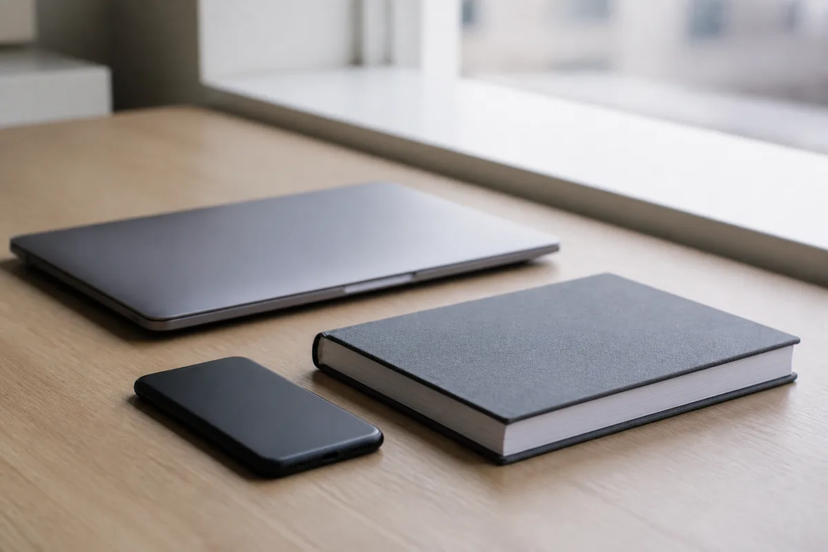 Ordinateur portable fermé et carnet gris posés sur un plan de travail en bois clair