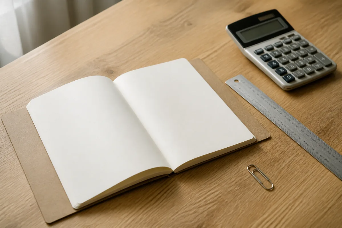 Bureau de direction avec un dossier cartonné ouvert et une calculatrice posée sur un plan de travail en bois clair