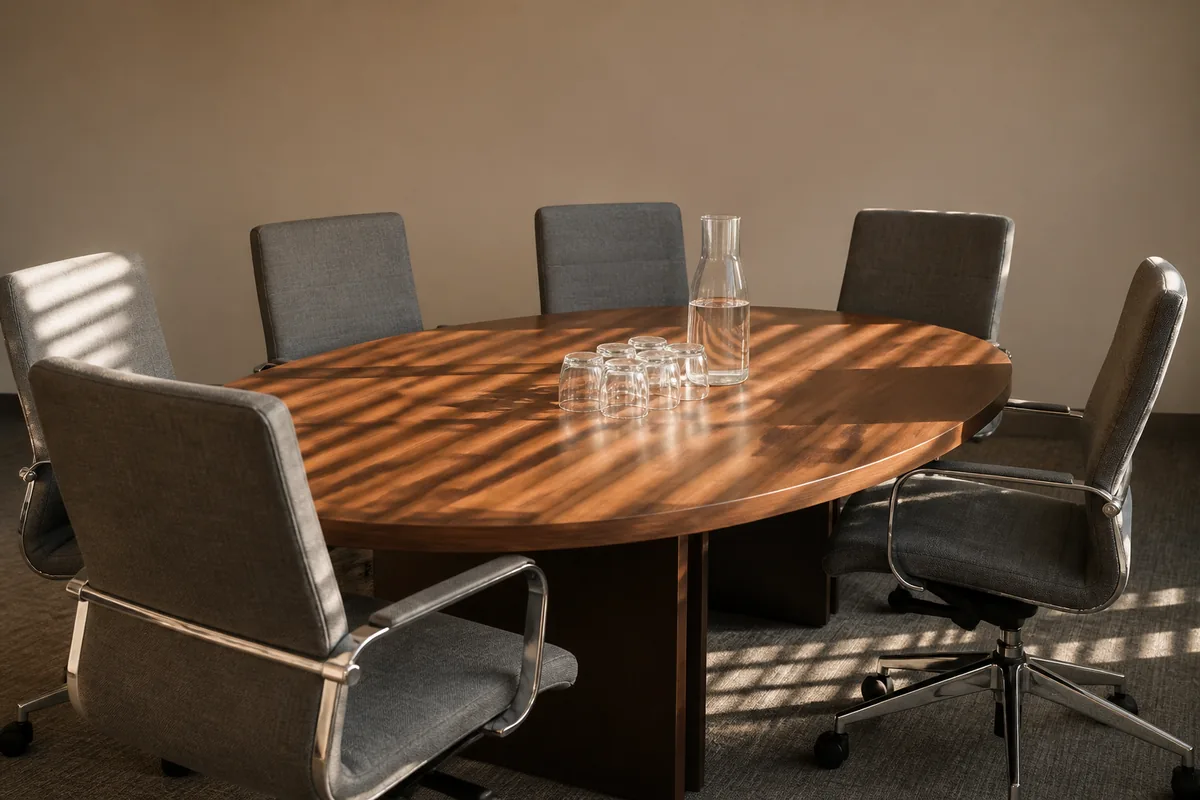 Salle de réunion sobre avec une table ovale, des chaises alignées et une lumière naturelle rasante