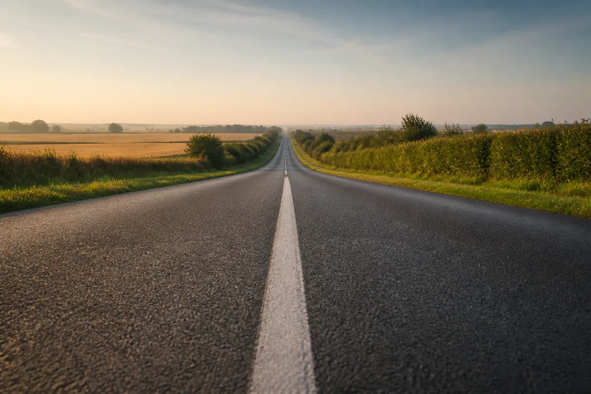 Route départementale déserte à l&rsquo;aube, bordée de haies vertes