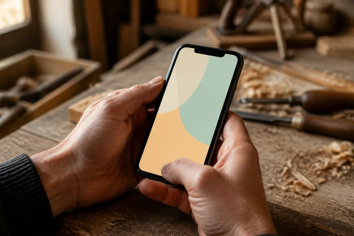 Smartphone posé sur l’établi d’un atelier de petite entreprise