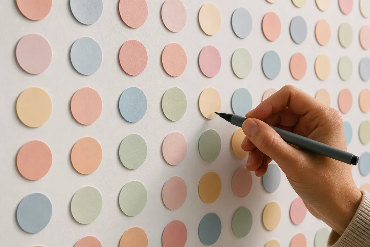 Mur blanc couvert de pastilles adhésives de couleur formant une grille de planification