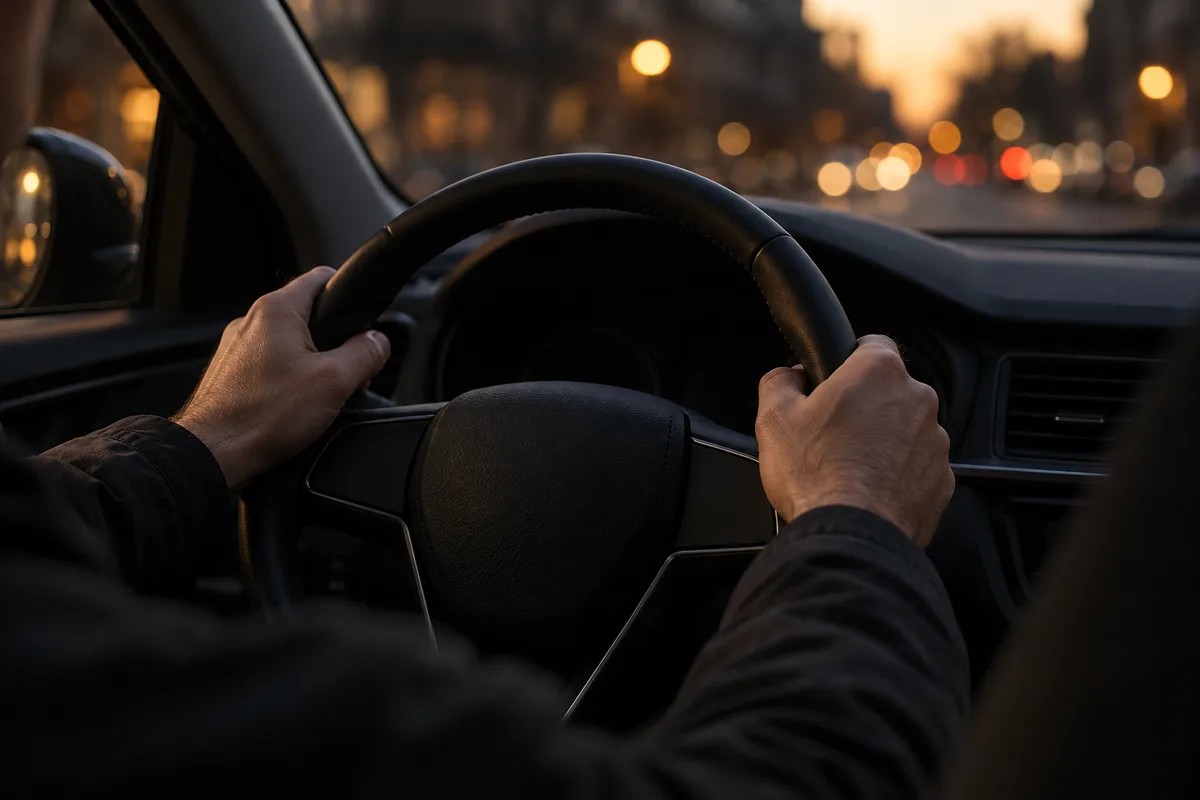 Mains d&rsquo;un chauffeur posées sur le volant d&rsquo;une berline, tableau de bord dans la pénombre
