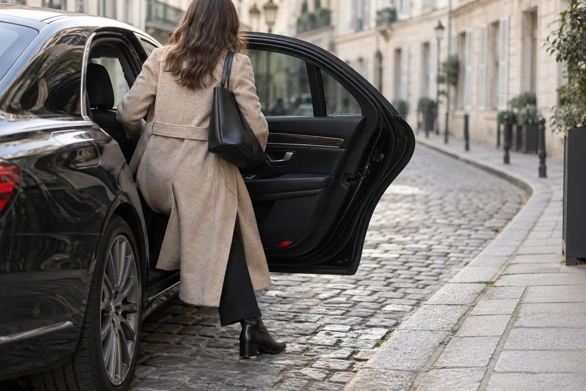 Passagère vue de dos descendant d&rsquo;une voiture sur un trottoir pavé, portière ouverte