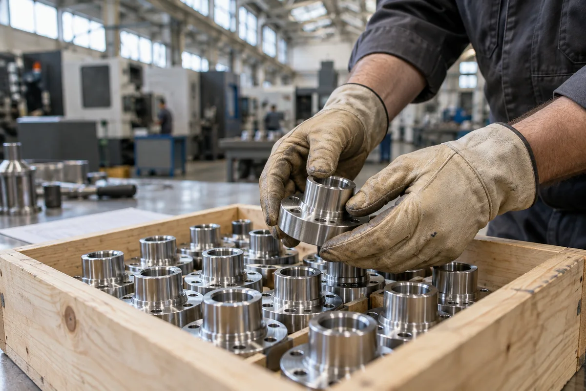 Mains gantées déposant une pièce usinée dans une caisse de pièces identiques, dans un atelier de sous-traitance