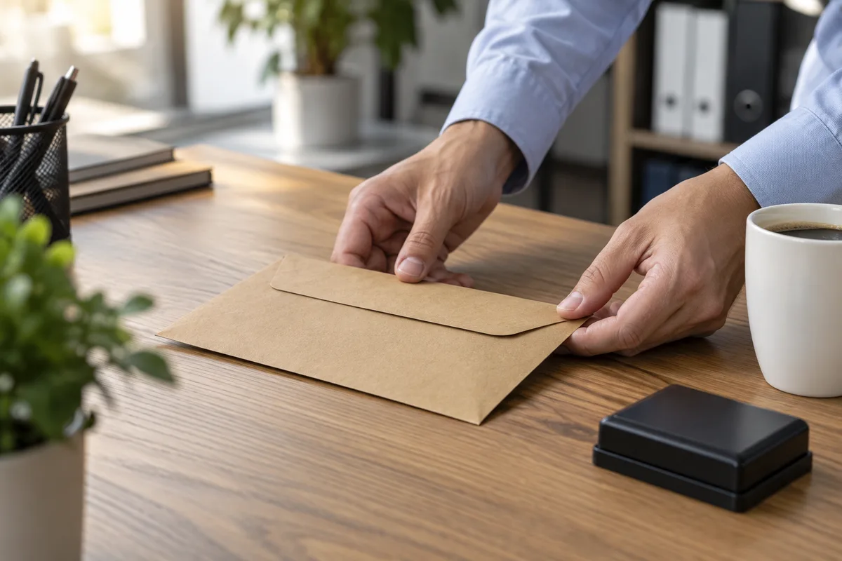 Mains déposant une enveloppe kraft fermée sur un comptoir en bois, image d&rsquo;une notification de préavis écrit