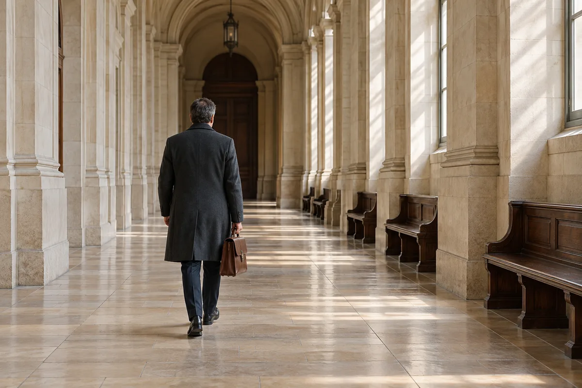Personne vue de dos traversant le couloir d&rsquo;un palais de justice, une sacoche en cuir à la main
