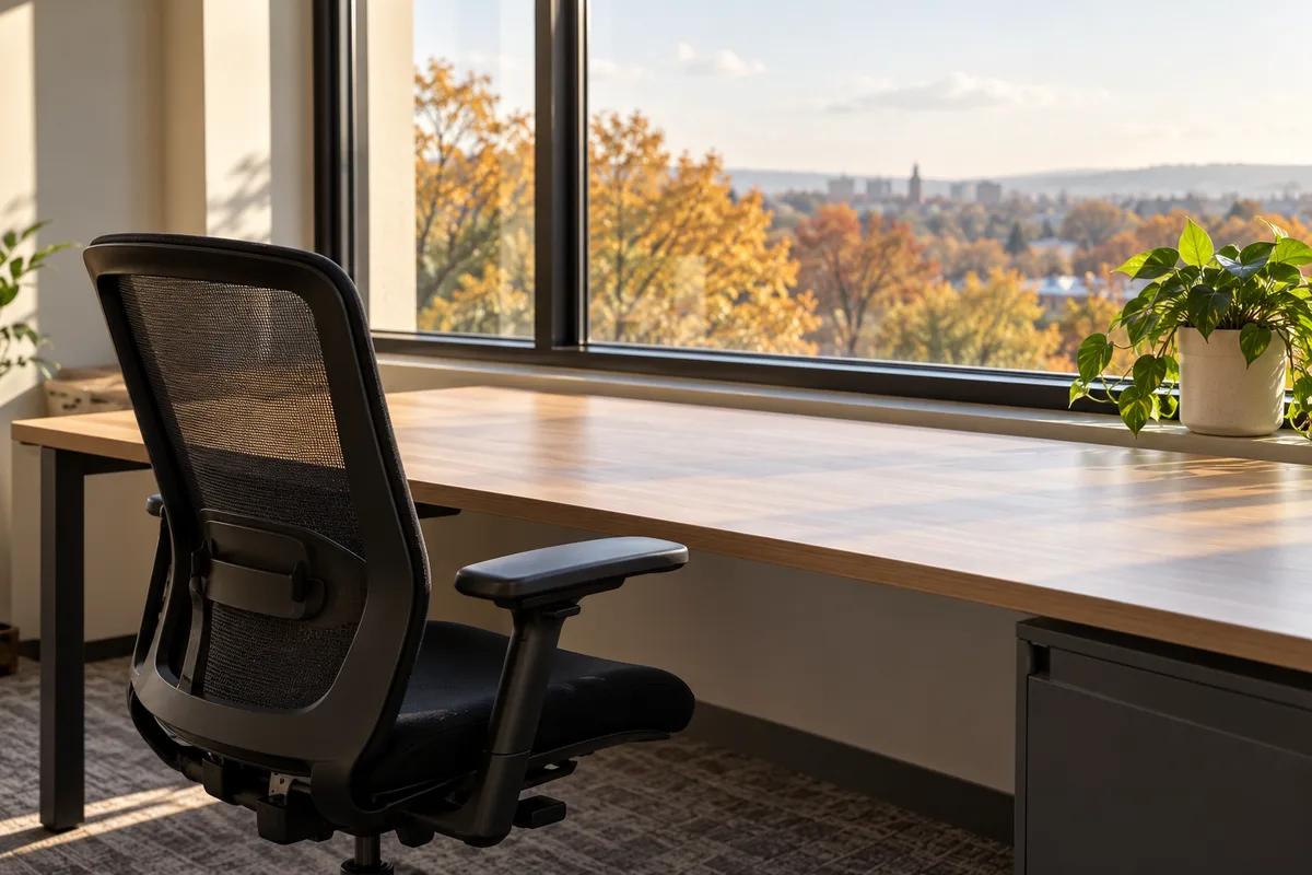 Chaise de bureau vide tournée vers une grande fenêtre dans un bureau calme