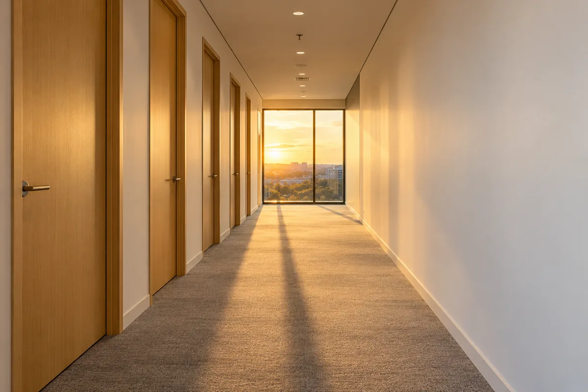 Couloir de bureaux désert en fin de journée baigné d&rsquo;une lumière dorée