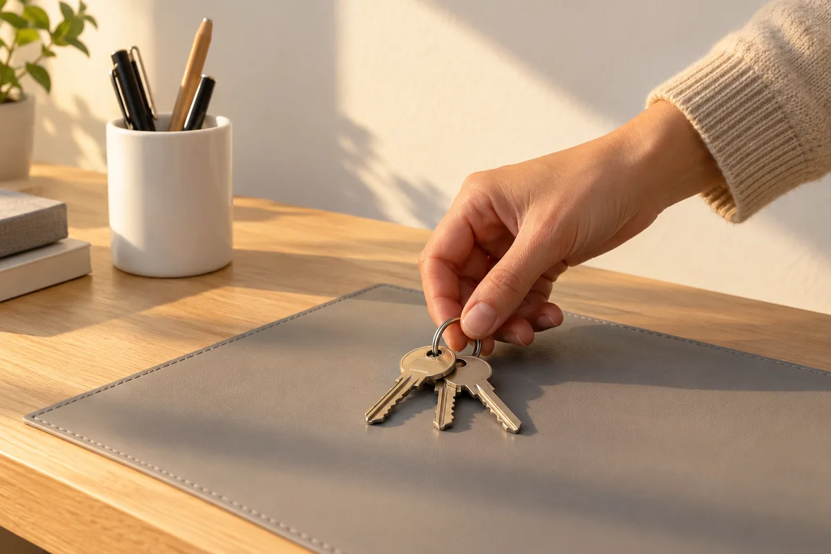 Main qui pose un trousseau de clés sur un bureau rangé le jour du départ