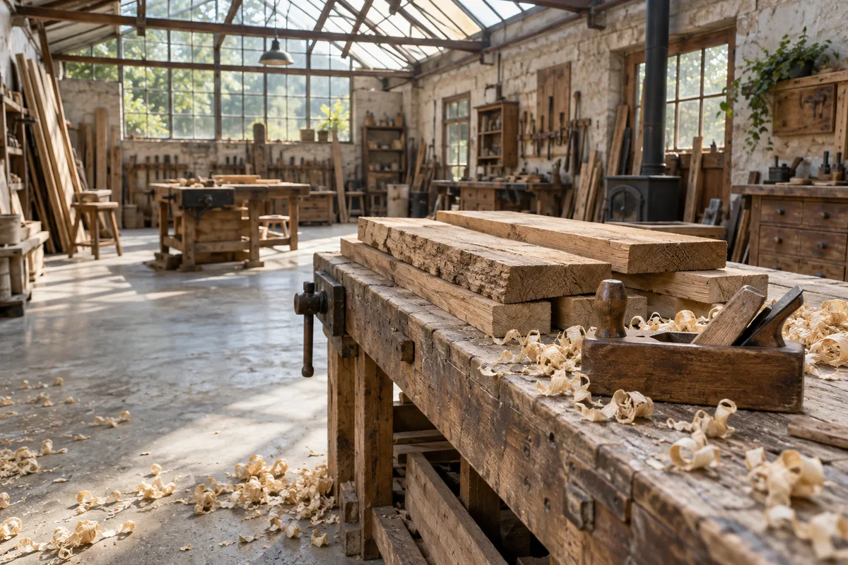 Planches de chêne brut empilées sur l’établi d’un atelier de menuiserie éclairé par une verrière