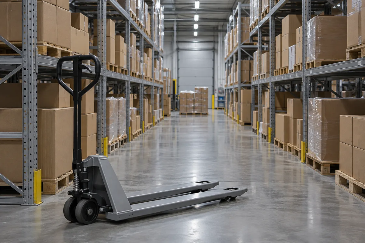 Rayonnages d’entrepôt chargés de cartons bruns, un transpalette manuel au premier plan