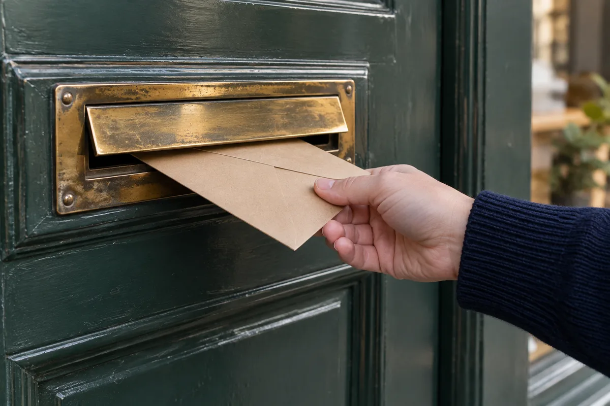 Main glissant une enveloppe kraft dans la fente en laiton de la porte d&rsquo;une boutique