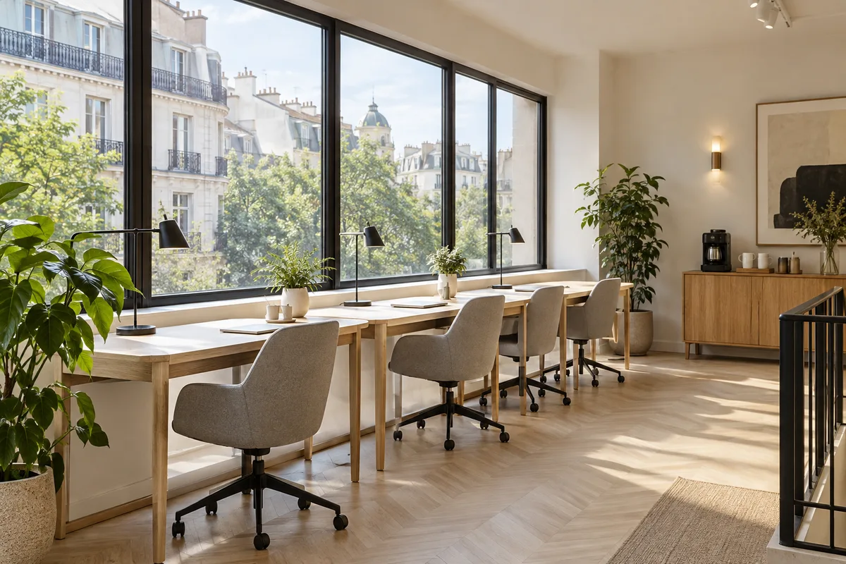 Bureau partagé à l&rsquo;étage d&rsquo;une boutique, quatre postes en bois clair et une machine à café sur un buffet