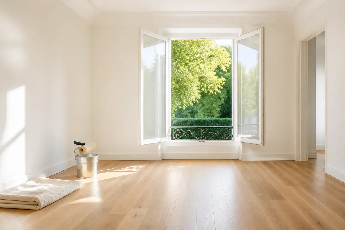 Salon vide aux murs fraîchement repeints en blanc cassé, parquet clair poncé et grande fenêtre ouverte sur un jardin