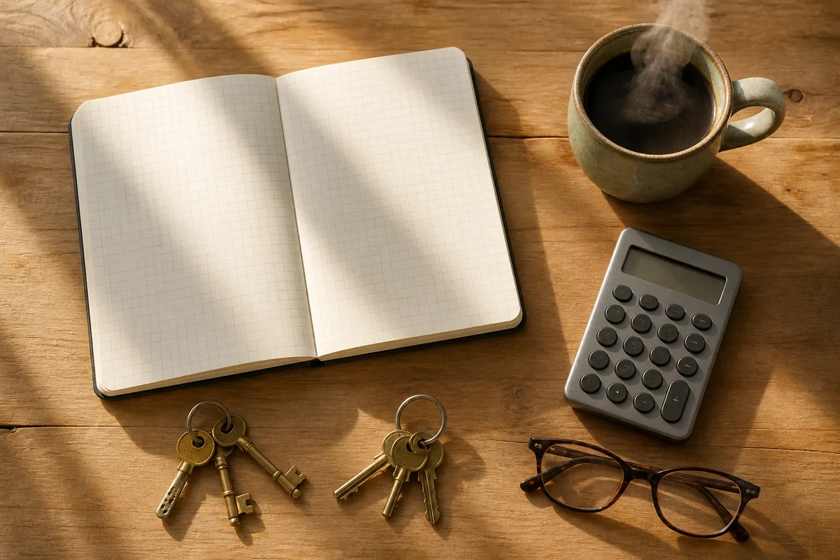Table de cuisine avec un carnet ouvert, une calculatrice et deux jeux de clés posés près d’une tasse de café